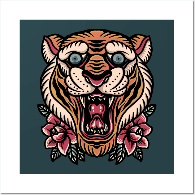 Retro Tiger Head Illustration with Roses Wall Art by SLAG_Creative